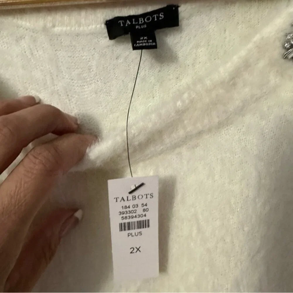 Talbots Plush Crewneck Sweater Ivory Embellished Soft Knit Plus Size 2X